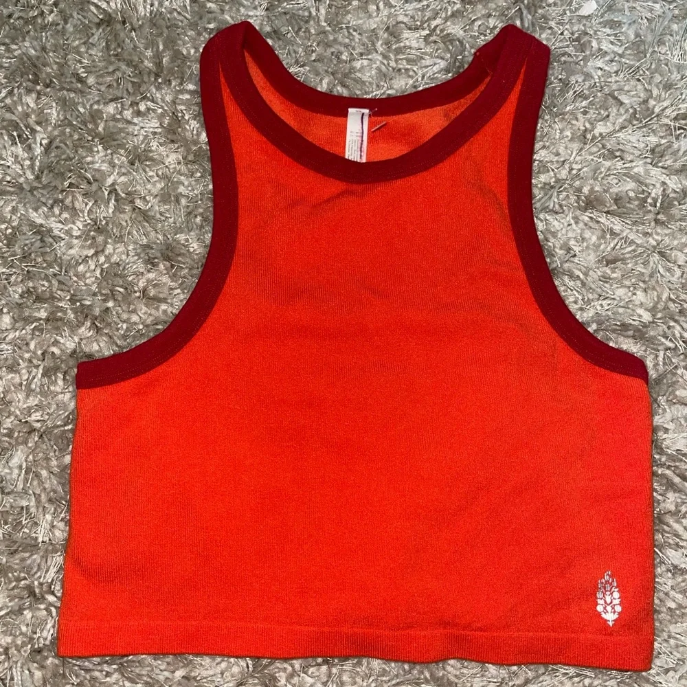 Free People Red-Orange Ribbed Crop Tank with Maroon Trim